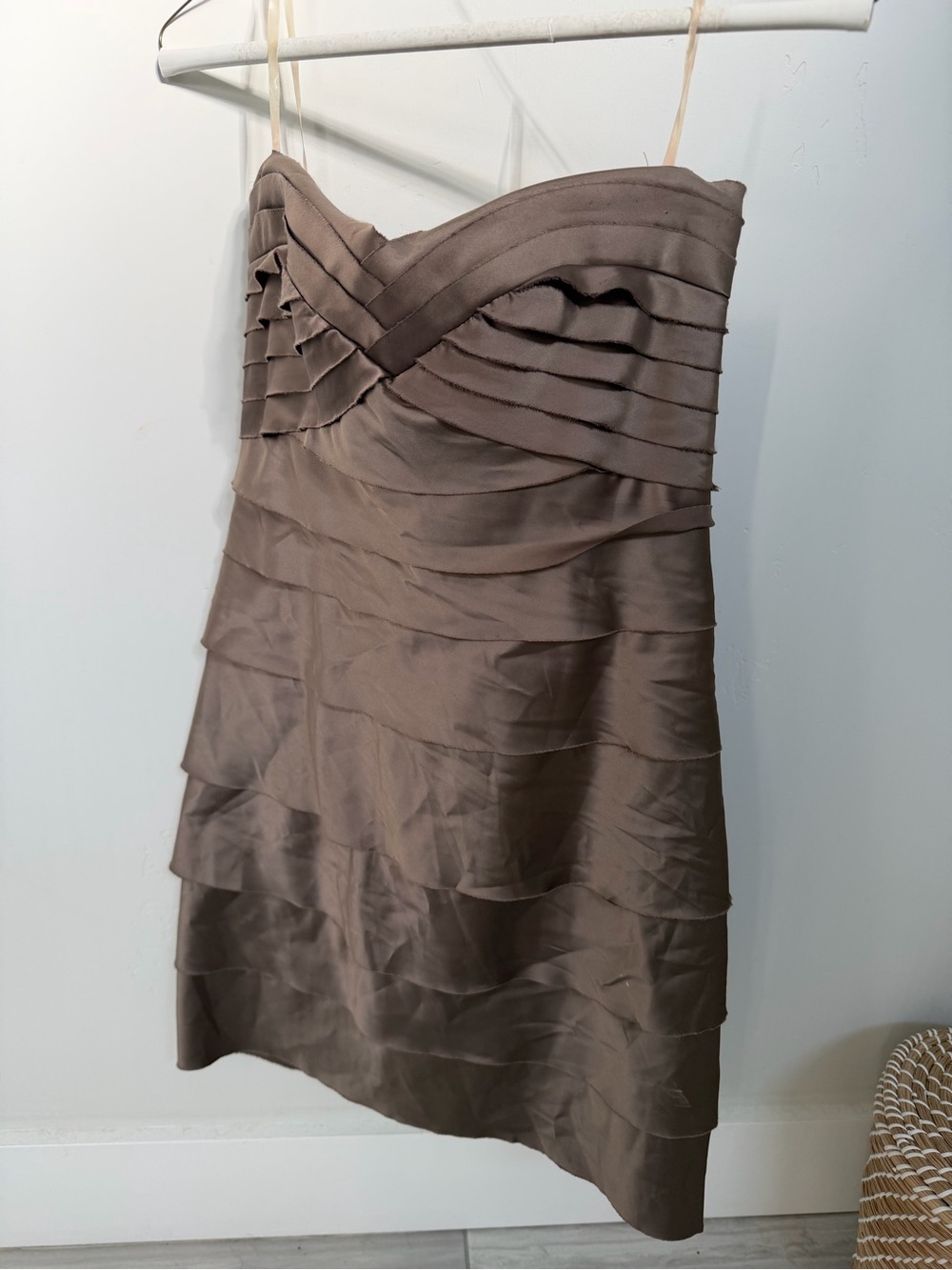 Rubber Ducky Brown Satin Strapless Tiered Cocktail Dress M